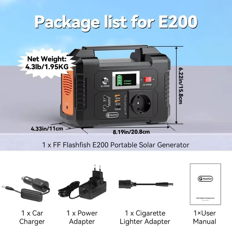 Flashfish E200 Tragbare Powerstation 200W Solargenerator 151Wh 40800mAh Schwarz mit 220V AC-Anschluss und 2 DC-Ports für Camping und Wohnmobil - Bild 6