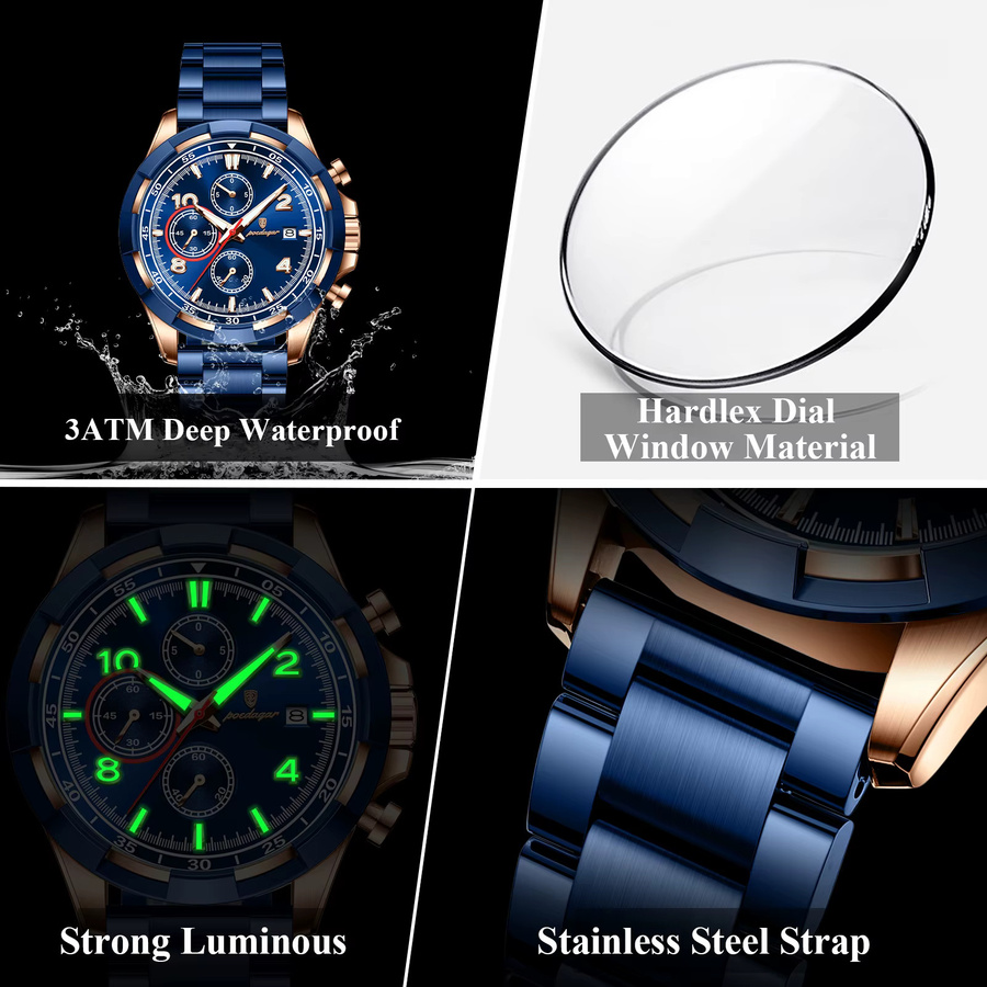 POEDAGAR Chronograph, Quarz, Edelstahl, Schwarz, Herren - Bild 4