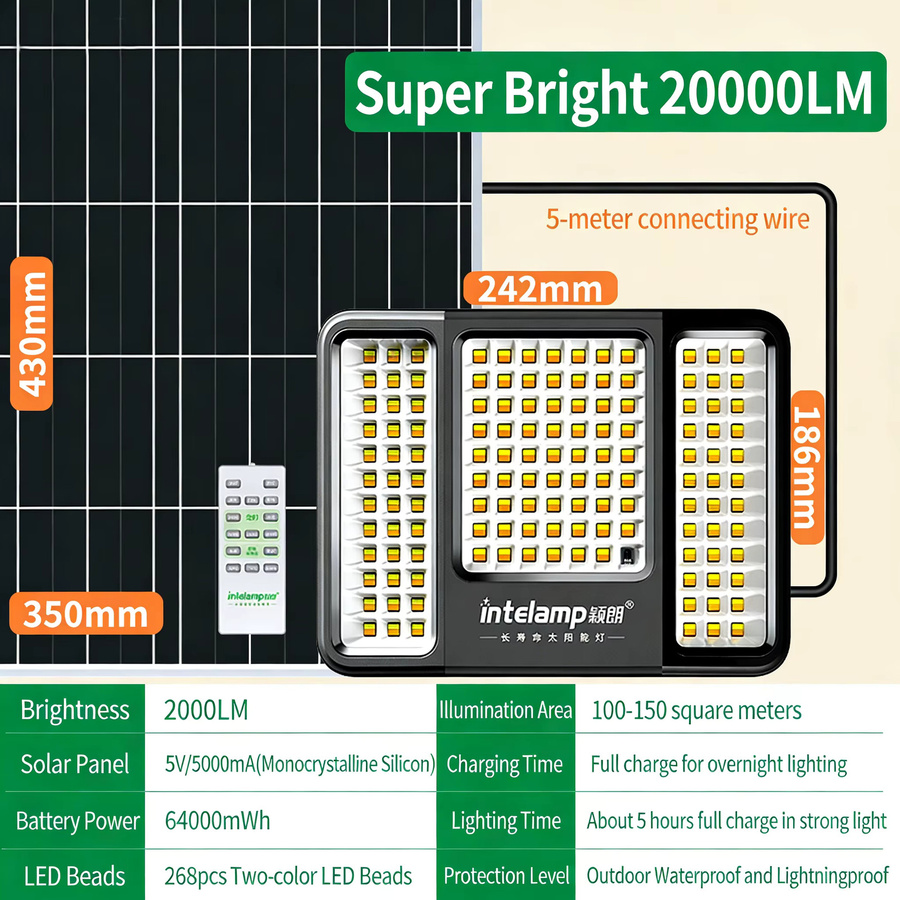 Intelamp Solar-LED-Wandleuchte für Außenbereich mit Fernbedienung, 268 SMD LEDs, Schwarz, Rechteckig - Bild 5