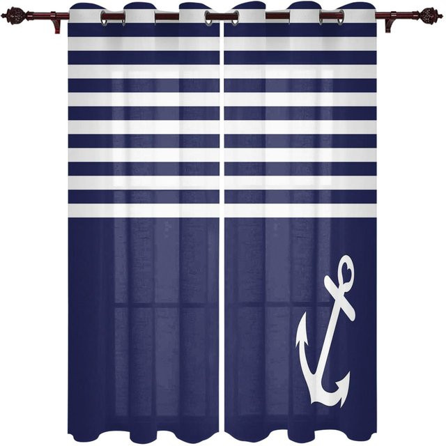 Super Six Vorhang mit maritimem Anker Boot und Fisch Design in Blau, semi-transparent, B: 135 cm, H: 135 cm - Bild 1