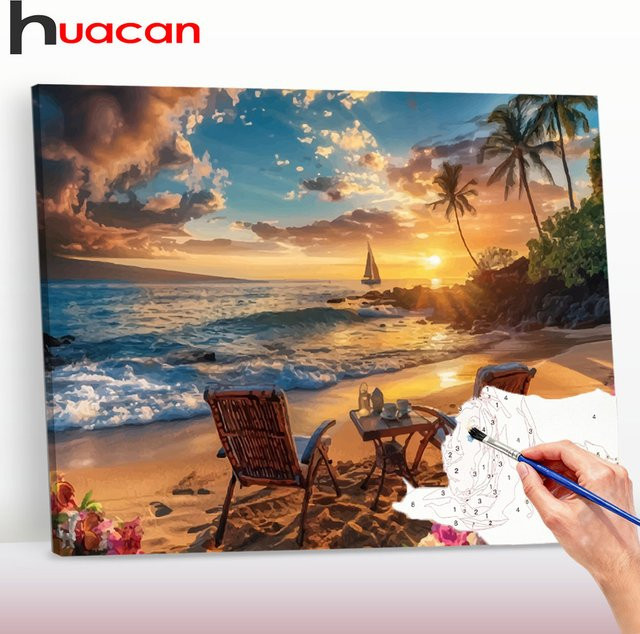 Huacan Malen nach Zahlen Leinwandgemälde Sonnenuntergang am Meer mit Blumen und Landschaft in Mehrfarben - Bild 1