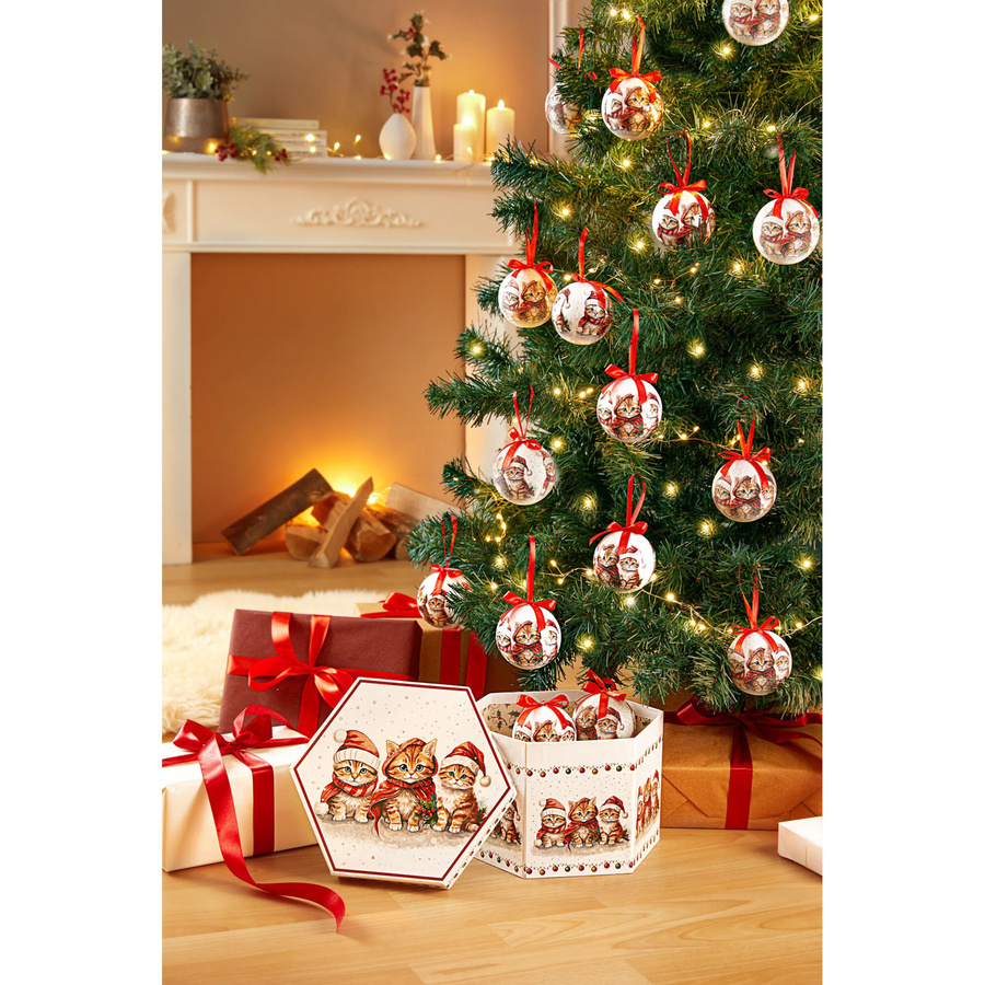 Viva Domo Weihnachtskugeln Katzen aus Glas, 14 Stück, Weiß und Rot - Bild 3