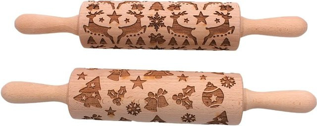 2er Set Holz Teigroller mit 2 Motiven von Dekohelden24, Spekulatiuswalzen für Plätzchen und Kekse, Braun, L/B/H: 37 x 6 x 6 cm - Bild 1