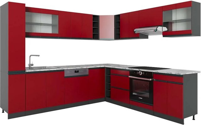 Vicco R-Line Eckküche J-Shape in Rot und Anthrazit mit Marmor-Optik, Breite: 257 cm, Tiefe: 277 cm - Bild 1