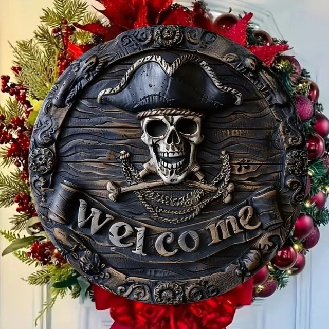 Potdemiel Piraten-Schädel Willkommensschild für Halloween, rundes Dekoschild aus Kunststoff, Durchmesser: 20 cm - Bild 1
