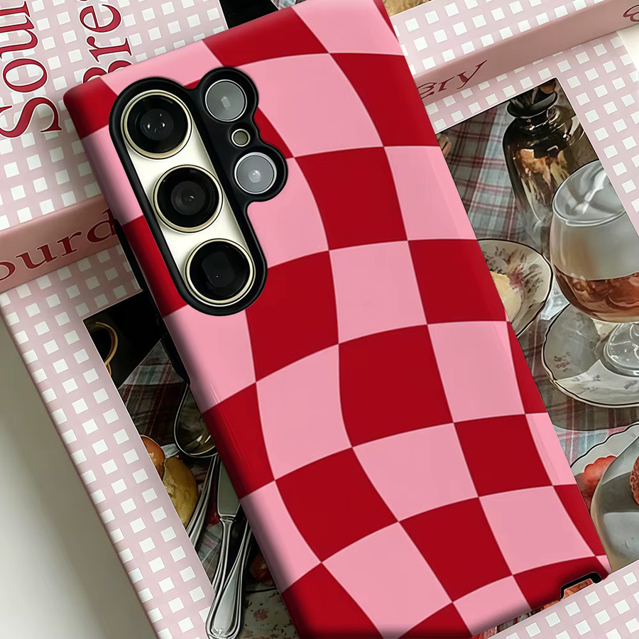 Stoßfeste Doppelschicht Handyhülle mit rot-rosa Schachbrettmuster für Samsung Galaxy S25 Ultra und S24 Ultra Plus - Bild 4