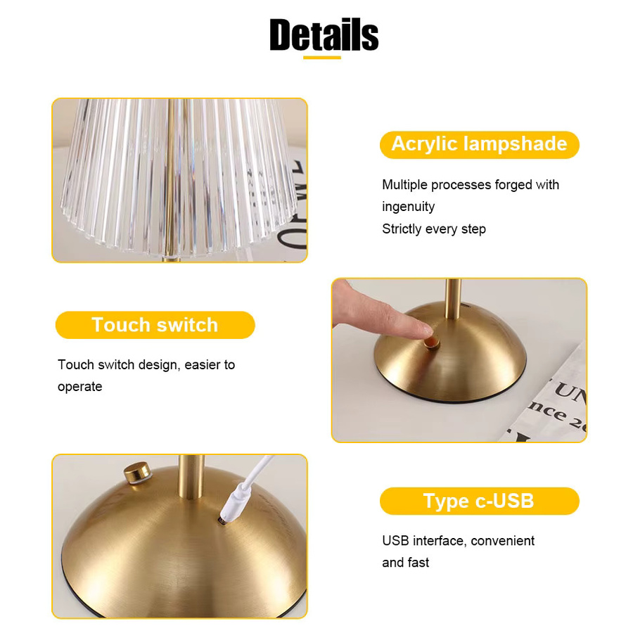 DBF Kabellose LED-Tischlampe aus Kristall und Metall in Gold, stufenlos dimmbar mit Touch-Funktion und wiederaufladbarem Akku - Bild 4