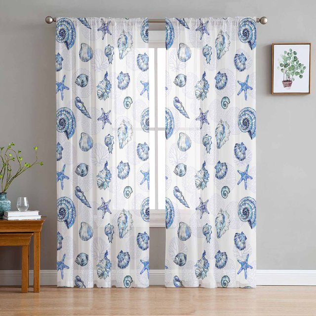Super Six Retro Tüll-Vorhang mit Seestern und Muschel Design, transparent blau, Breite: 135 cm, Höhe: 160 cm - Bild 1