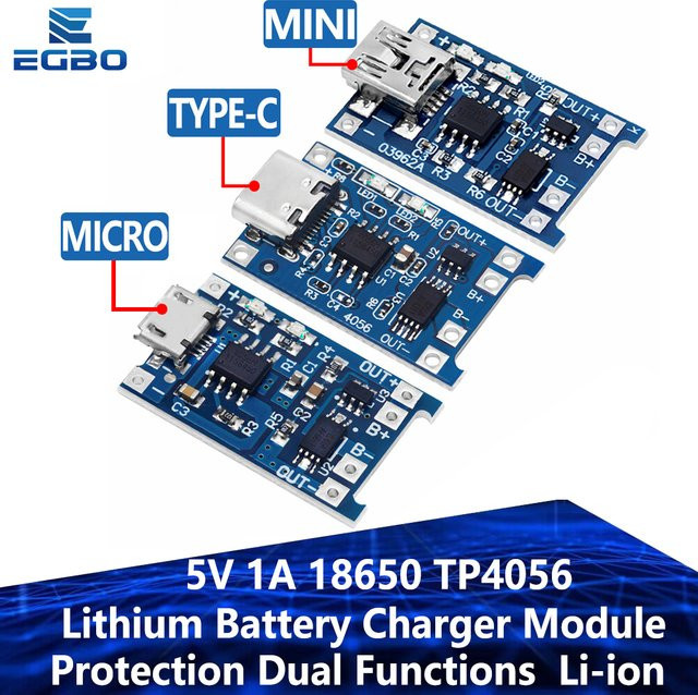EGBO Lithium-Ladeplatine TP4056 für 18650 Akkus mit Typ-C und Micro-USB Anschluss sowie Schutzfunktion in Blau - Bild 1