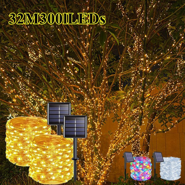 IEEYEEY Solar LED Lichterkette aus Kupferdraht mit 32m Länge, wasserdichte Garten-Fee-Lichterkette für Außenbereich, Weihnachten und Hochzeiten - Bild 1