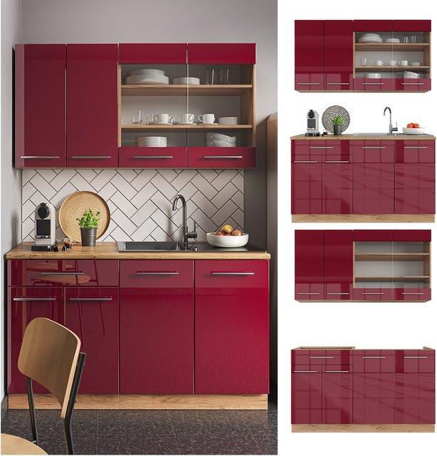 Vicco Küchenzeile Fame-Line Single Einbauküche in Bordeaux und Eiche Rot mit Hochglanz-Finish, Breite: 140 cm - Bild 1