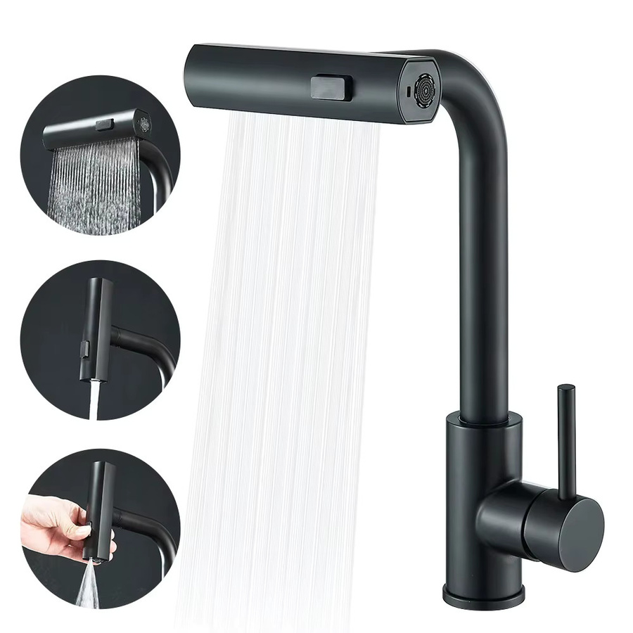 Multifunktionale Küchenarmatur aus Edelstahl mit ausziehbarem Wasserfall-Brausekopf und schwenkbarem Auslauf in Silber oder Schwarz - Bild 1