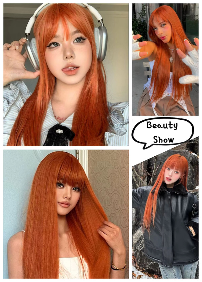 TINY LANA Perücke, lange gerade orange Kupfer Ingwerbraun, mit Pony, Damen - Bild 2