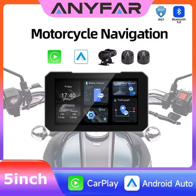 5-Zoll Motorrad CarPlay Bildschirm mit kabellosem Android Auto und Bluetooth, IP67 wasserdicht, Schwarz - Bild 1