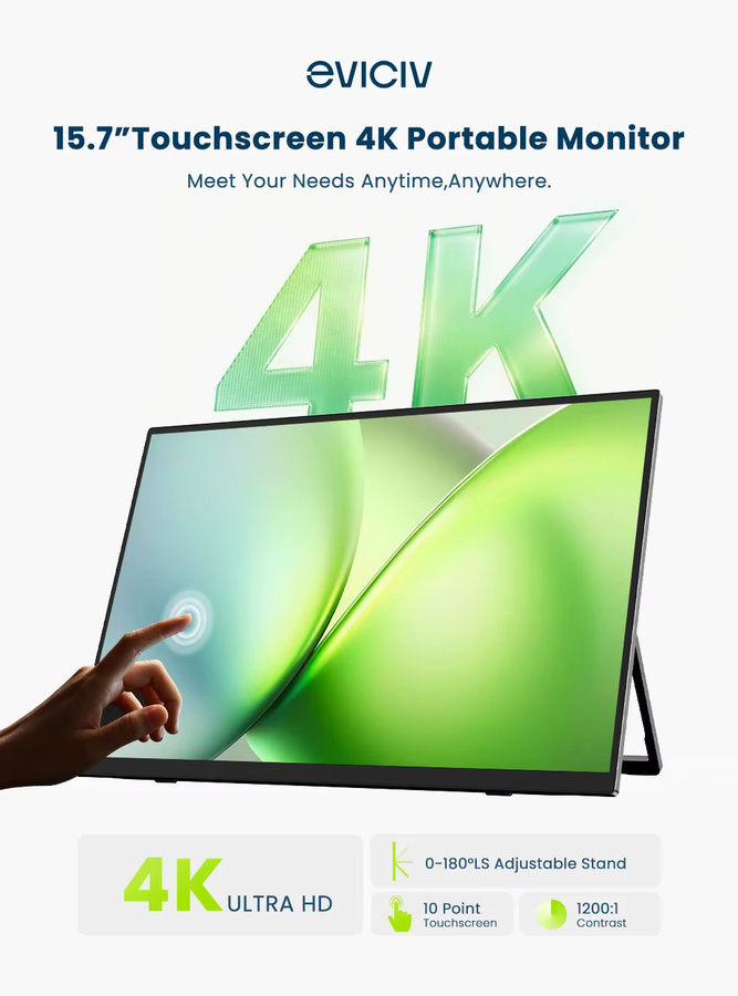 EVICIV 4K UHD tragbarer Monitor 15,7 Zoll mit 10-Punkt-Touchscreen, 100% sRGB, 350 Nits, Schwarz, USB-C und Mini HDMI, inklusive Smart Cover - Bild 2