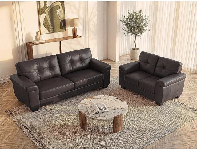 Vente-unique Couchgarnitur Hazel Schokoladenbraun aus Kunstleder bestehend aus 3-Sitzer und 2-Sitzer mit Armlehnen und passenden Kissen B/T/H: 207 x 161 cm - Bild 1