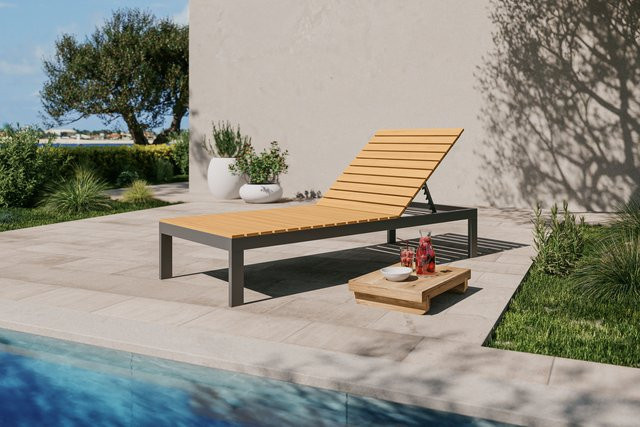 Villana Tasmania Gartenliege in Dunkelgrau aus Aluminium und FSC-zertifiziertem Eukalyptus mit verstellbarer Rückenlehne und Armlehnen, B/T/H: 120 x 70 x 33 cm - Bild 1