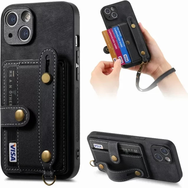 Apple iPhone Hülle aus PU-Leder mit Handgelenkschlaufe und Kartenhalter in Blau - Bild 1