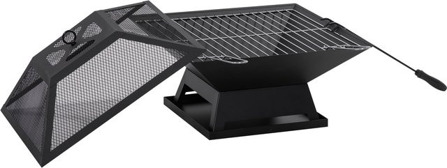 Outsunny Feuerschale Garten Feuerkorb mit Grillrost und Funkenschutz in Schwarz, B/T/H: 45 x 45 x 34 cm, inklusive Schürhaken - Bild 1