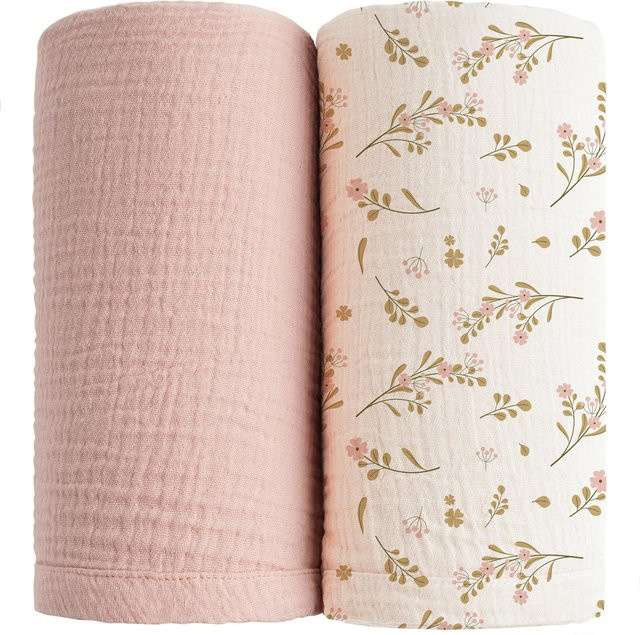 2er Set Baby Musselin Decken aus Baumwolle in Grün und Pink mit floralem Muster - Bild 1