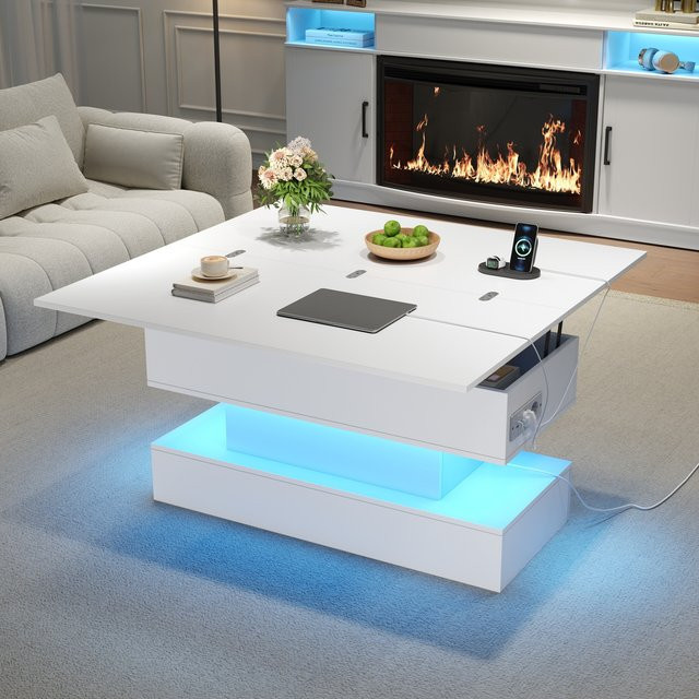 KOMHTOM Höhenverstellbarer Couchtisch in Weiß mit LED-Beleuchtung, USB-C und USB-Ladebuchsen sowie integrierten Steckdosen - Bild 1
