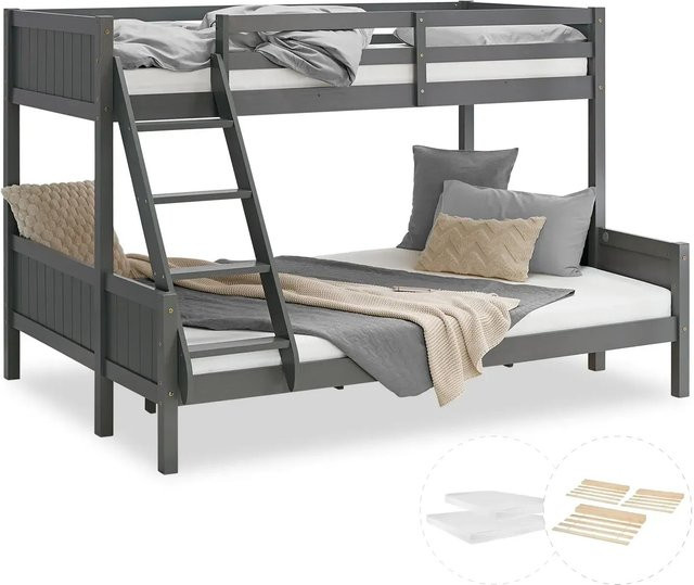 Homestyle4u Etagenbett aus Kiefernholz in Grau mit Lattenrost und 2 Matratzen, B/T/H: 230 x 140 x 147 cm und 230 x 90 x 147 cm - Bild 1