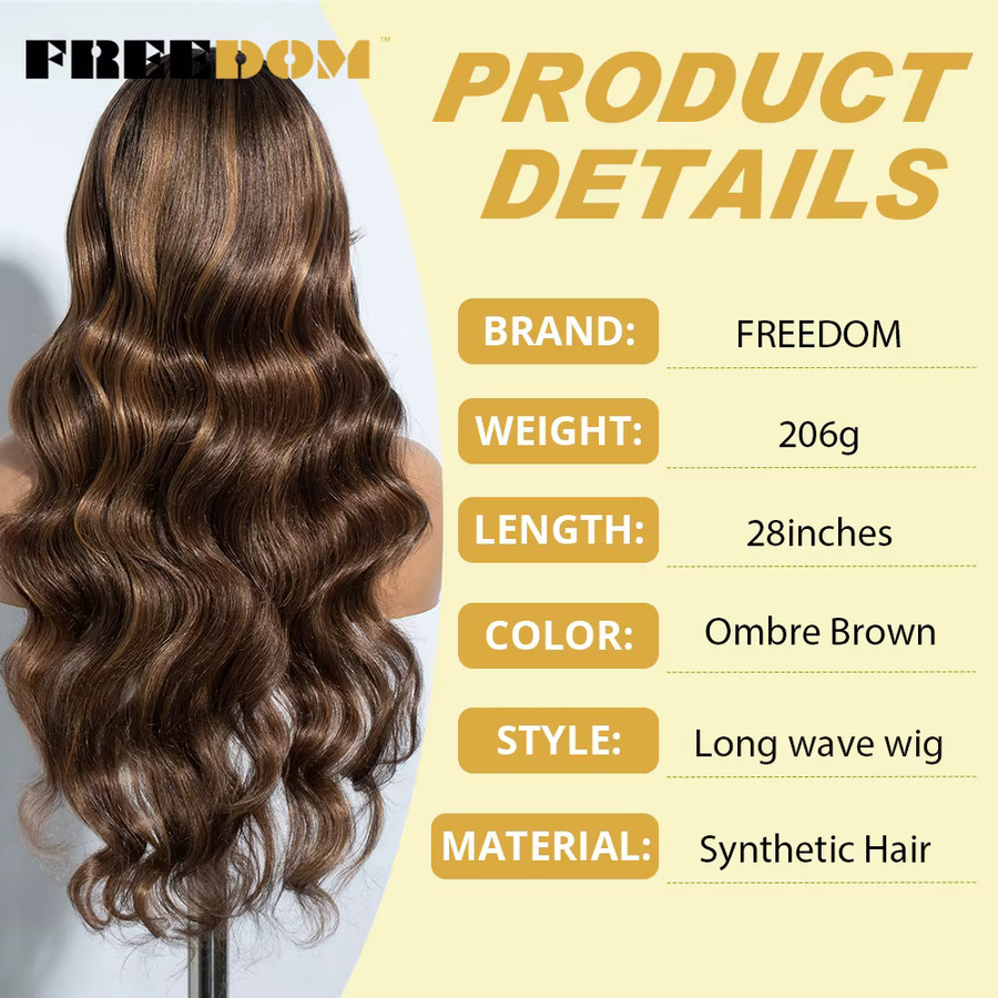 FREEDOM Synthetische Spitzenperücke, 28 Zoll, gewellt mit Pony, Ombre Blond Braun - Bild 3
