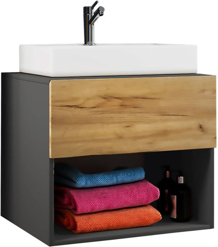 VCM Badmöbel Set Lendas II 2-tlg. mit Keramik-Waschbecken und Unterschrank in Weiß, Anthrazit und Eiche, B/H/T: 60 x 52 x 52 cm - Bild 2