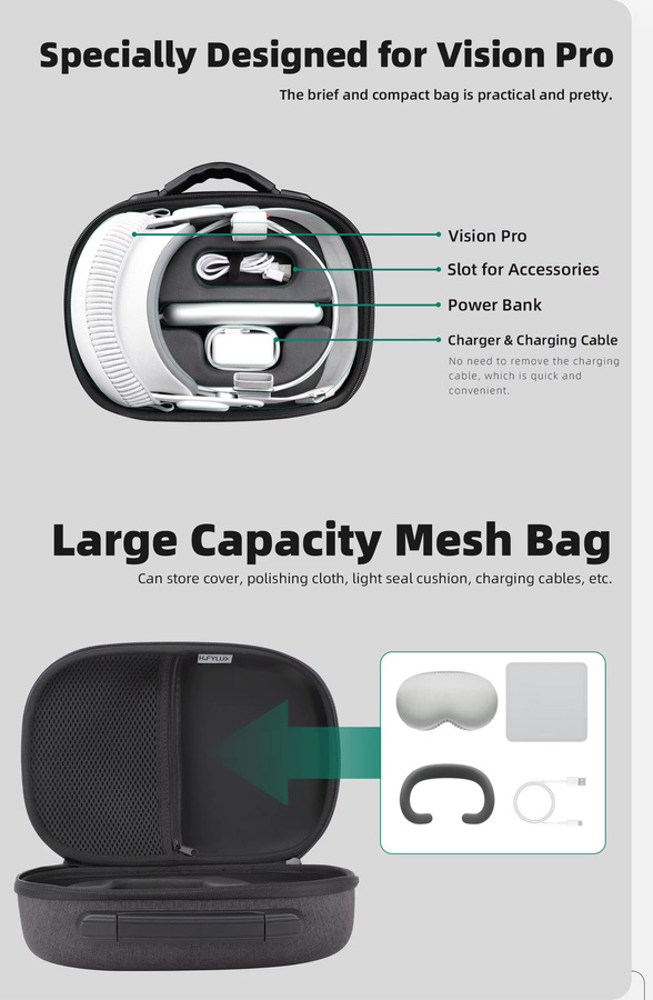 Sunnylife Tragetasche für Apple Vision Pro in Grau, stoßfeste und kratzfeste Schutztasche mit Netztasche - Bild 4