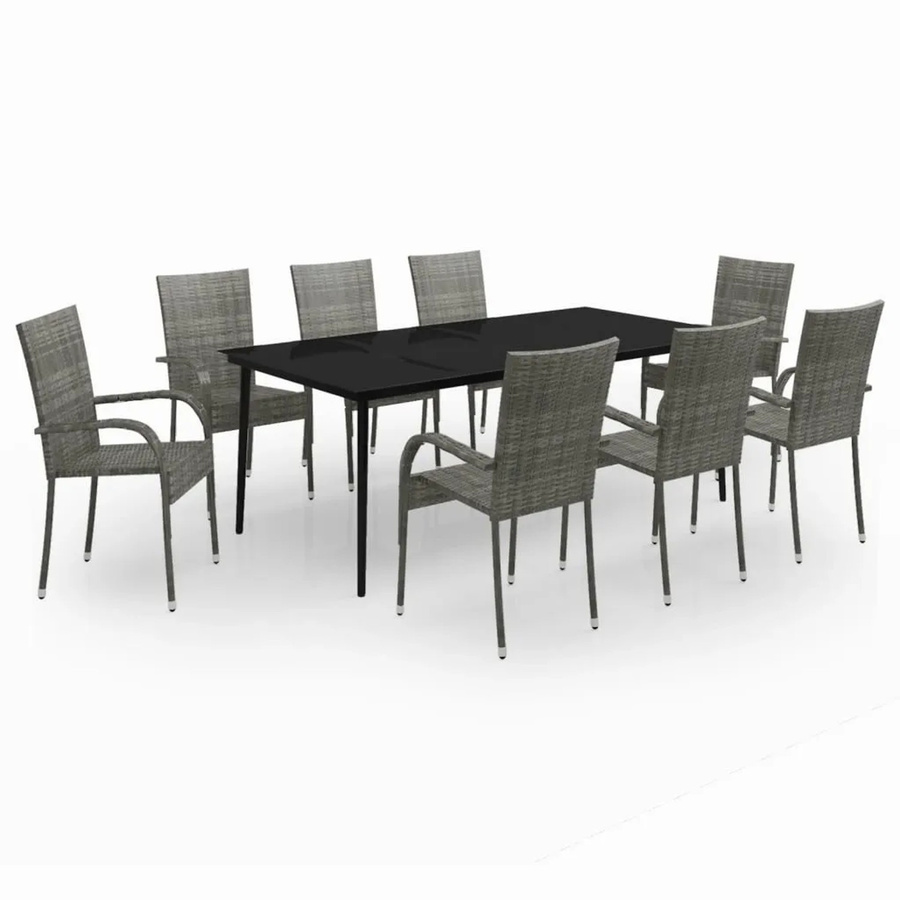 vidaXL 9-teilige Garten-Essgruppe aus PE-Rattan und pulverbeschichtetem Stahl in Grau und Schwarz mit Glastisch - Bild 2