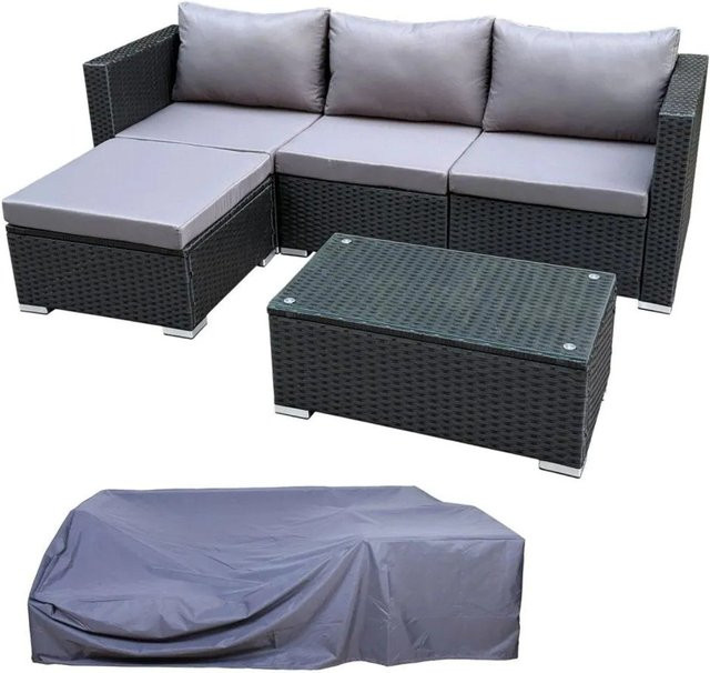 SVITA QUEENS Gartenlounge Set Polyrattan in Schwarz mit Ottoman, Couchtisch und Abdeckhaube - Bild 1
