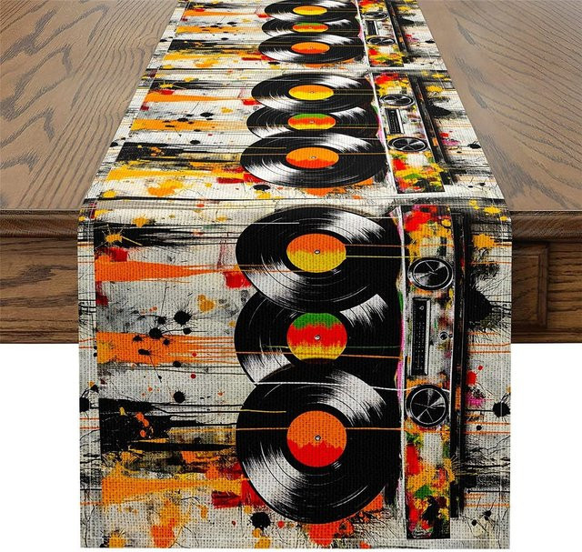 JINGYUE Pet Tischläufer aus Leinen mit Vintage Musiknoten und Plattenspieler Motiv in Weiß, B/T: 150 x 33 cm - Bild 1
