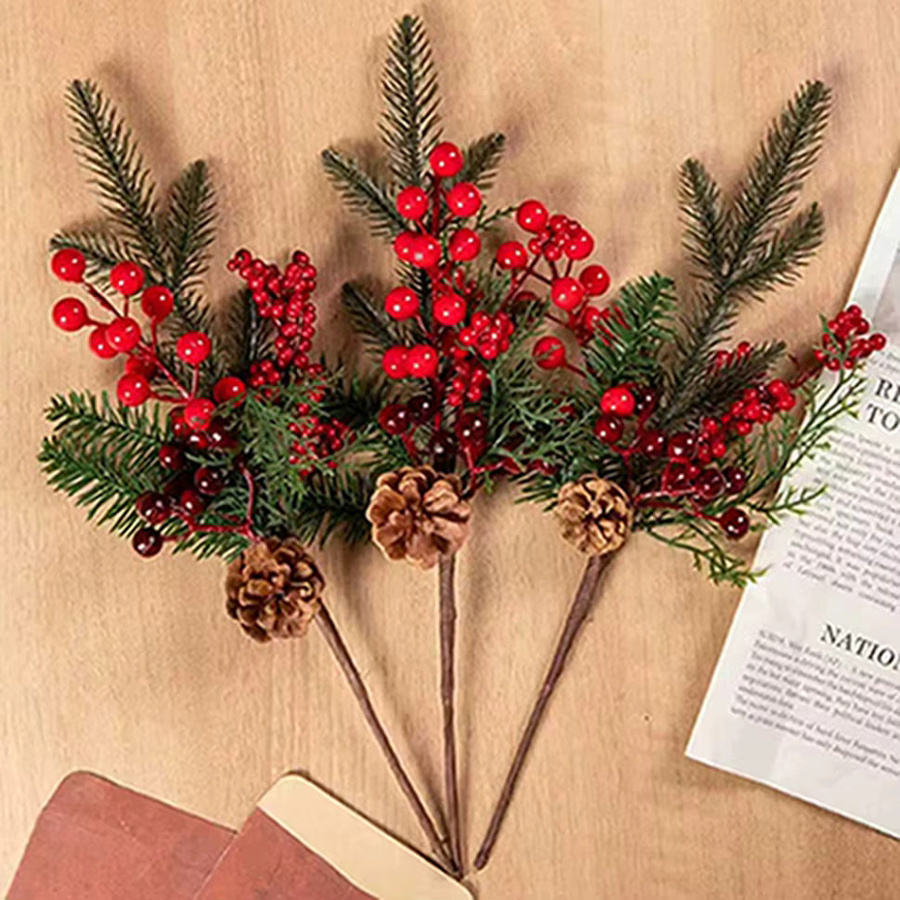 XIAOYINMO Künstliche Pflanzen mit roten Früchten als Dekorationszweige für Weihnachten, Neujahr, Hochzeiten oder den Garten in Rot - Bild 2