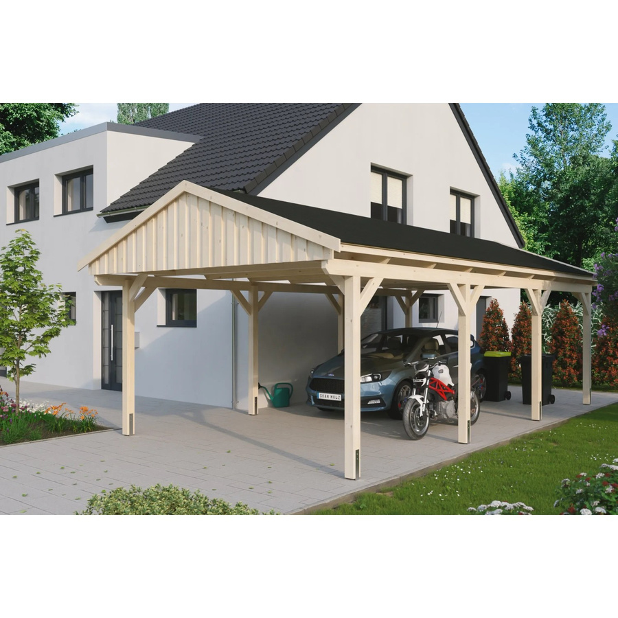 Skan Holz Carport Fichtelberg aus Fichten-Leimholz mit spitzer Dachform und Dachschindeln, Farbe: beige, B/T/H: 423 x 808 x 326 cm - Bild 2