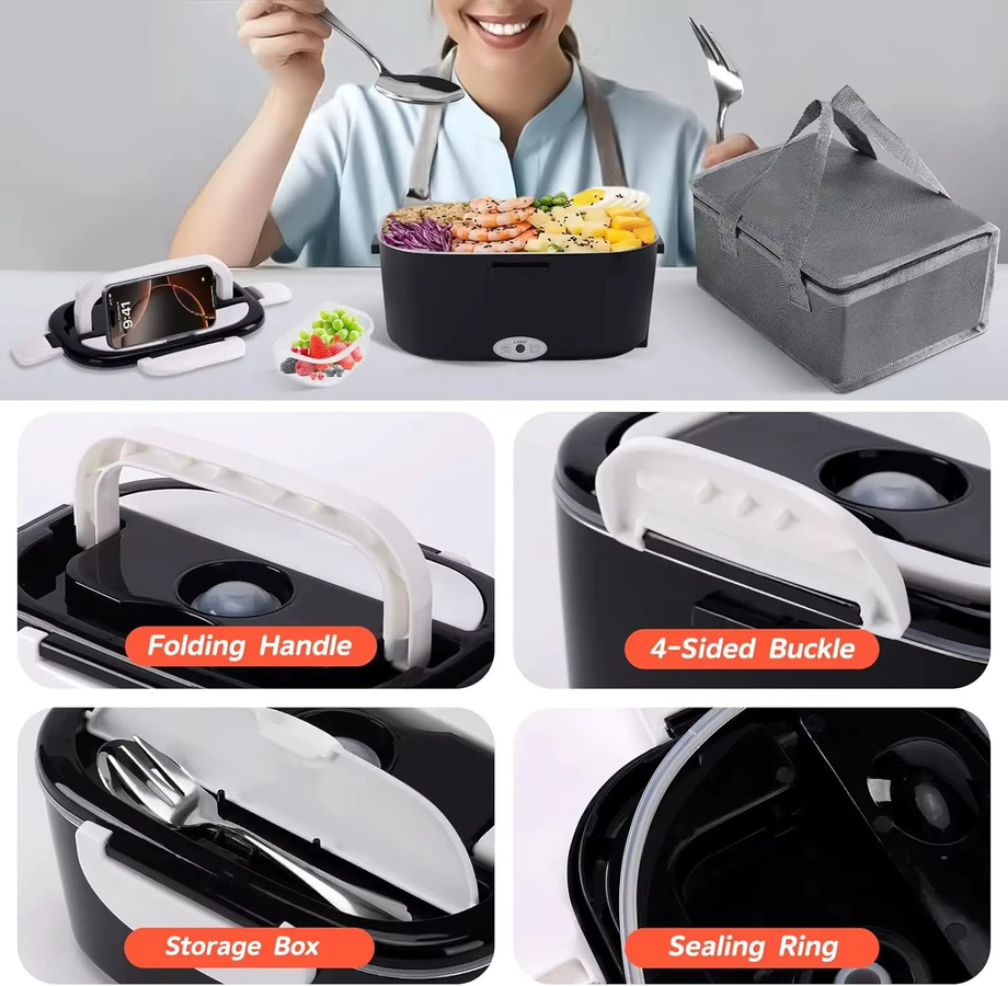 Tragbare elektrische Heiz-Lunchbox mit zwei Fächern für 12V/24V KFZ-Stecker, Bento-Reise-Speisenwärmer in Schwarz - Bild 3