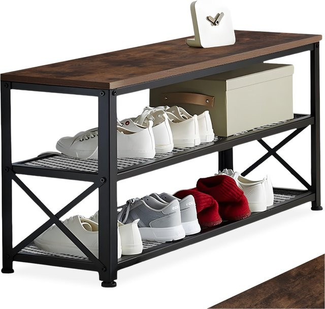 tectake Schuhregal Industrial Style in Braun mit Holzoptik, B/T/H: 101 x 30,5 x 45,5 cm - Bild 1
