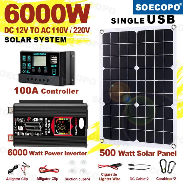 Soecopo Solargenerator Off-Grid-System mit 500 W Solarpanel, 6000 W Leistung, 100 A Controller und Wechselrichter für 12 V DC auf 220 V / 110 V, Schwarz - Bild 1