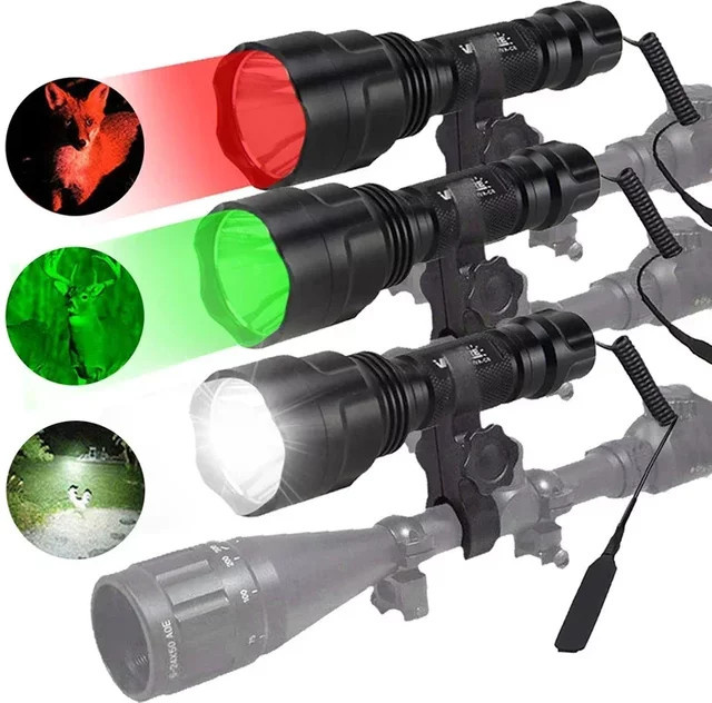 C8 LED Taschenlampe Taktisches Set mit Druckschalter, Rail Scope Mount, 18650 Akku und USB Ladegerät in Weiß, Grün und Rot - Bild 1