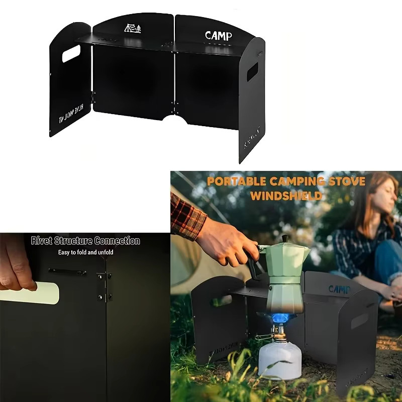 XIUGOUDUOLA Windschutzscheibe für Camping und Grillen, 4-seitig faltbar und winddicht mit Gewürzaufbewahrungsregal, Beige/Schwarz - Bild 3