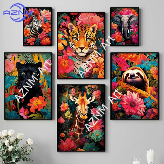 KAYOU Wandkunst Leinwandgemälde mit Dschungeltieren und Blumen in Multicolour - Bild 1