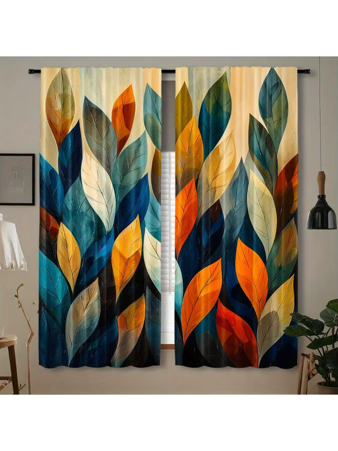 2 Stück abstrakte Vorhänge mit Blattmuster in Multicolour, halbtransparentes Polyester mit Stangentasche, Breite: 53 cm, Höhe: 116 cm - Bild 4