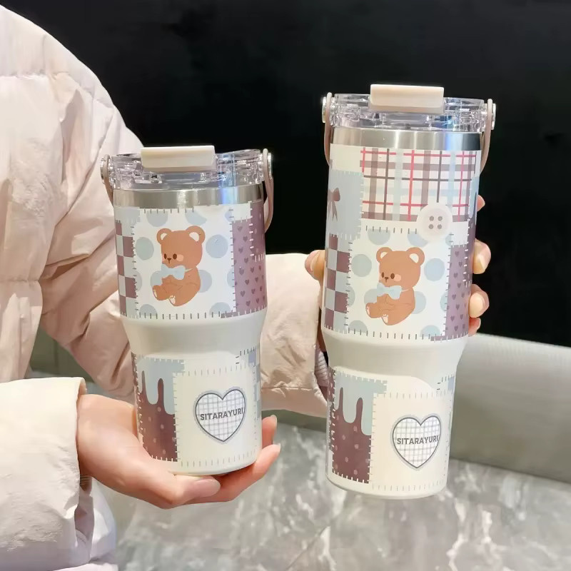 JUSTINLAU Isolierter Edelstahl-Vakuumbecher mit Tiermotiv und Strohhalm, auslaufsicherer Reisebecher für das Auto, 600 ml / 900 ml - Bild 2