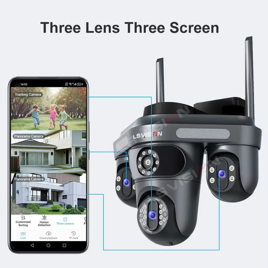 LS VISION 15MP WiFi IP Outdoor Überwachungskamera mit drei Objektiven, PTZ, 2-Wege-Audio und Auto-Tracking in Schwarz - Bild 2