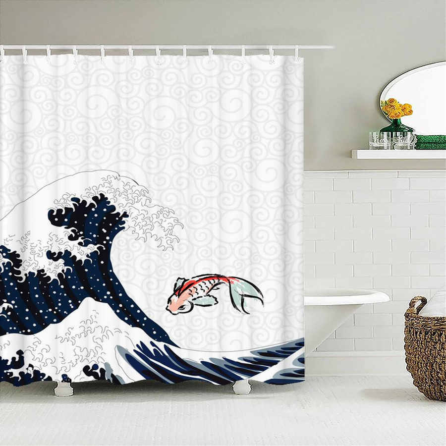 Japanischer Duschvorhang mit Meereswellen, Koi-Spray und Mount Fuji Landschaft aus Stoff in Multicolour, Breite: 90 cm, Höhe: 180 cm - Bild 1