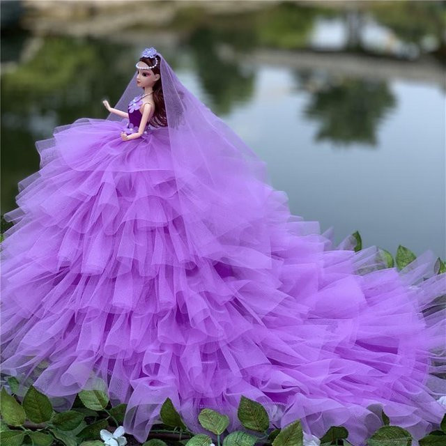 Toy and gift land Prinzessin Elegantes Drag-Schwanz-Hochzeitskleid mit Schleier und Schleifen-Haarspange Puppenkleidung Zubehör violett - Bild 1