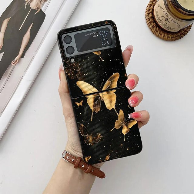 Samsung Galaxy Z Flip 6 5 4 3 Handyhülle mit Blumen und Schmetterlingen in Lederoptik, stoßfeste Abdeckung, Farbe: Schwarz - Bild 1