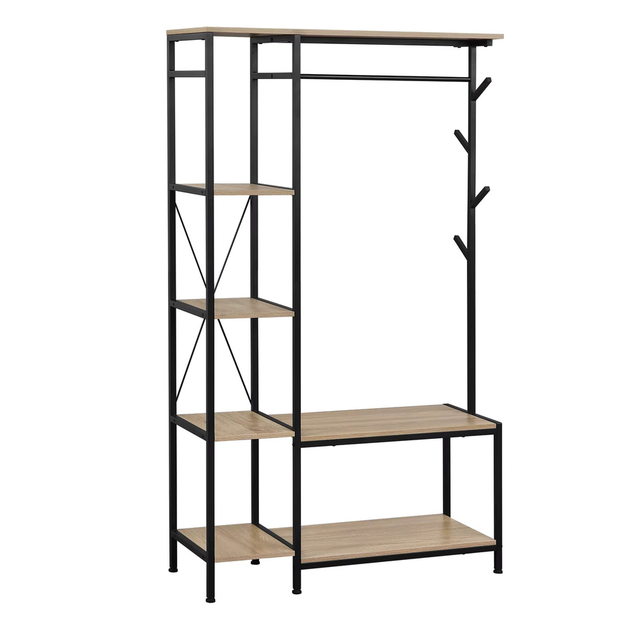 EUGAD 3-in-1 Garderobenständer mit Bank im Industrial Design, schwarzer Aufbewahrungsschrank mit 4-stufigem Regal, 4 Haken und Kleiderstange, B/T/H: 100 x 40 x 175 cm - Bild 2