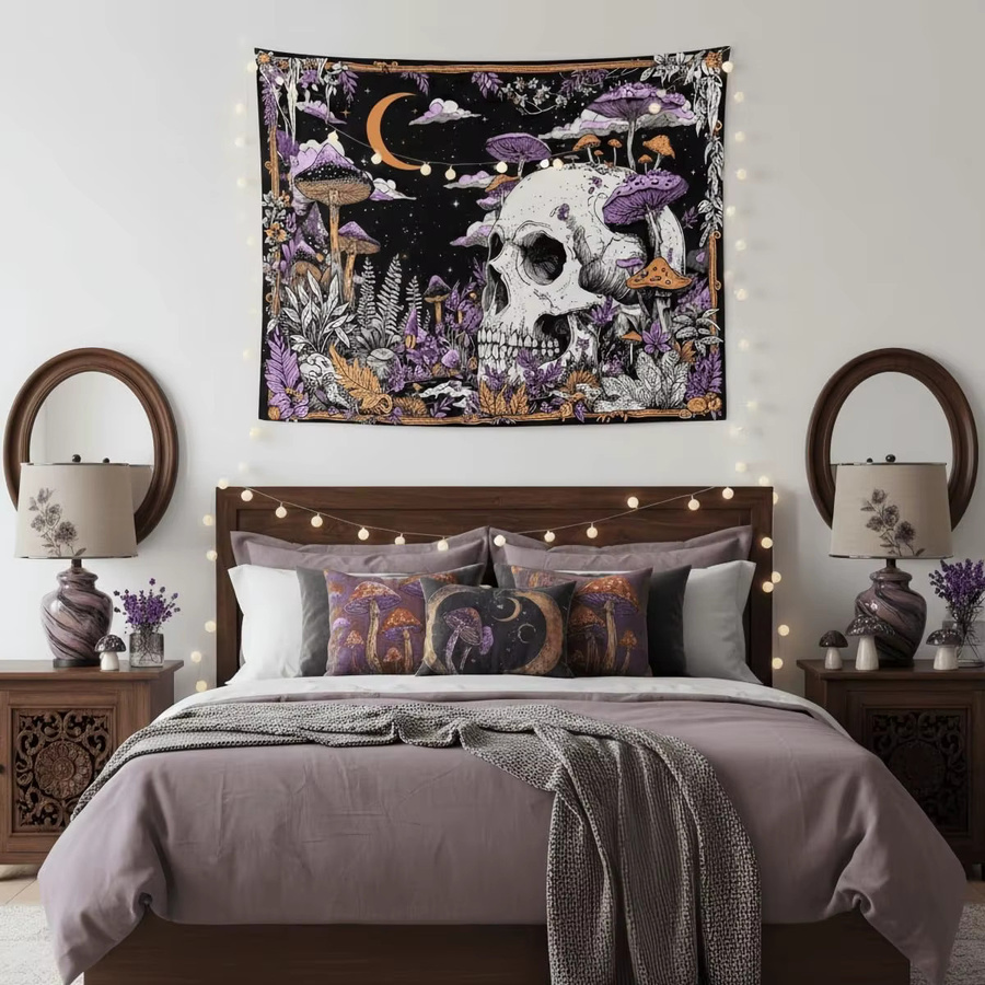 VIKAMA Gothic Wandteppich mit Totenkopf, Pilzen und Sternenhimmel in Lila und Orange, Wandbehang für dein Schlafzimmer oder Wohnheim, B/H: 60 x 40 cm - Bild 3