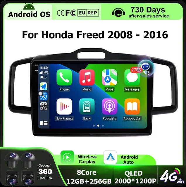 KJ-NAVI Android Multimedia Autoradio mit GPS Navigation, Video Player und Wireless Carplay für Honda Freed 2008-2016, Schwarz - Bild 1
