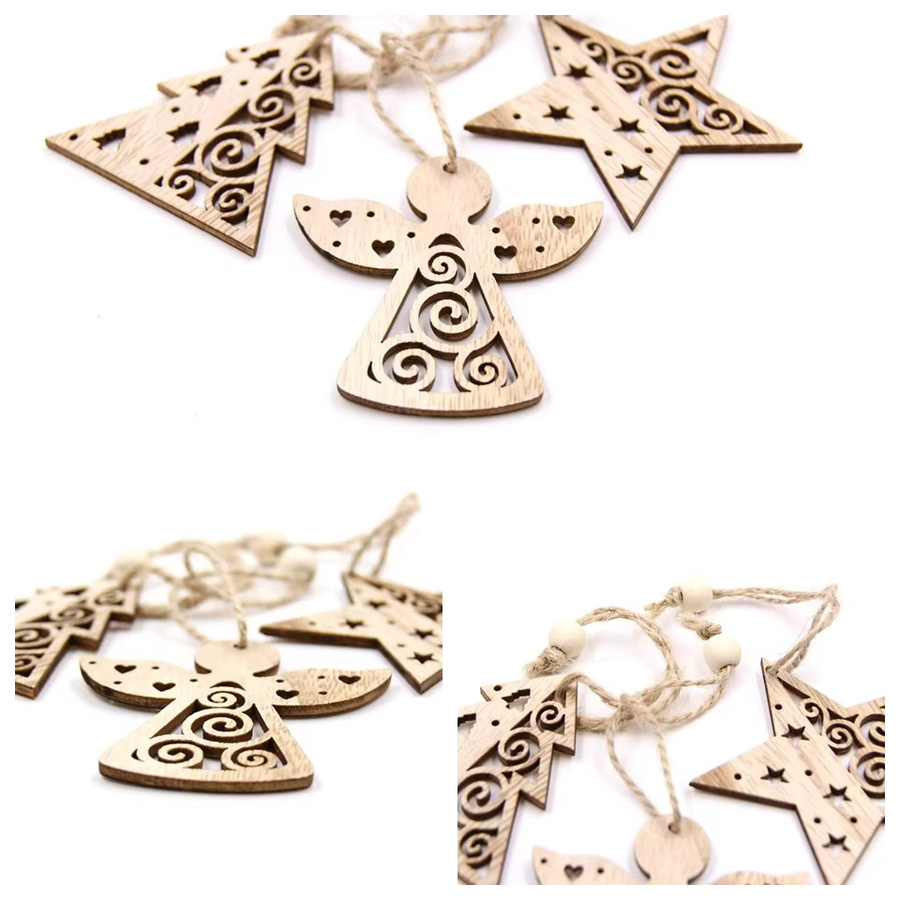 Tissy 12er Set hölzerne Weihnachtsanhänger aus Naturholz mit Sternen, Engeln und Bäumen für DIY Bastelarbeiten und Baumschmuck - Bild 2